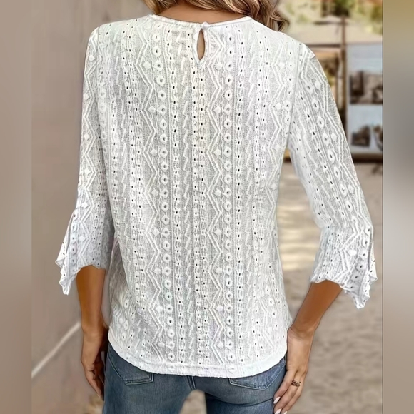 NEW Lace Stitching Eyelet Top, Elegant 3/4 Sleeve Top XL - Picture 2 of 3